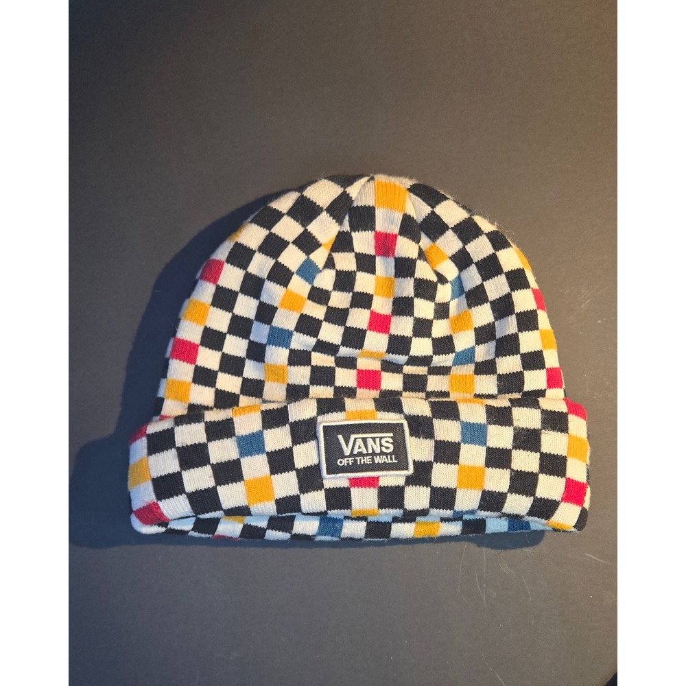 Vans Off The Wall Multi Color Checkerboard Knit Cuffed Beanie Hat Black White